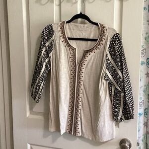 J. Jill Cream Embroidered Tunic with Black Patterned Sleeves